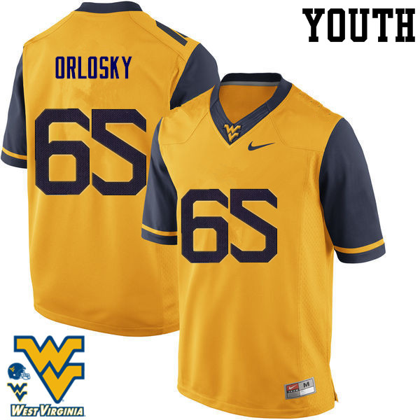 Youth #65 Tyler Orlosky West Virginia Mountaineers College Football Jerseys-Gold - Click Image to Close